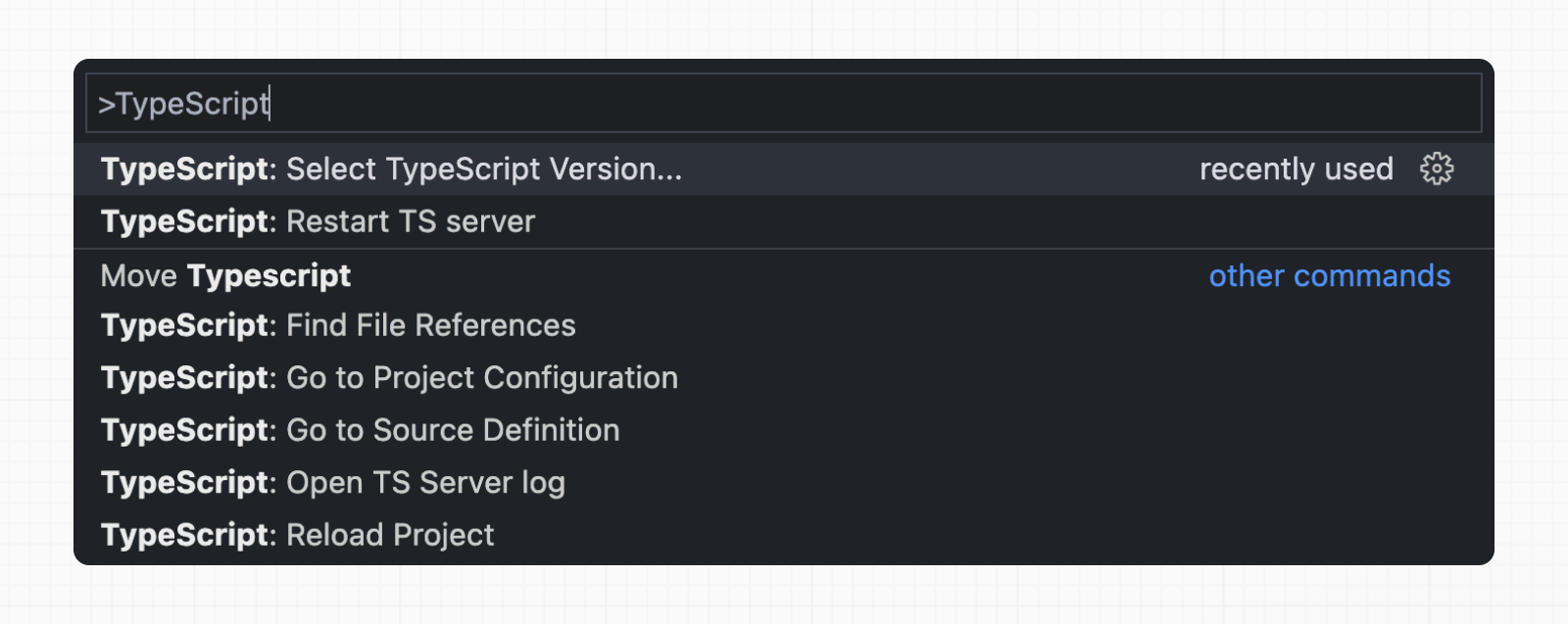 VS Code 커맨드 팔레트에서 TypeScript: Select TypeScript Version을 검색해 Use Workspace Version을 선택하는 화면