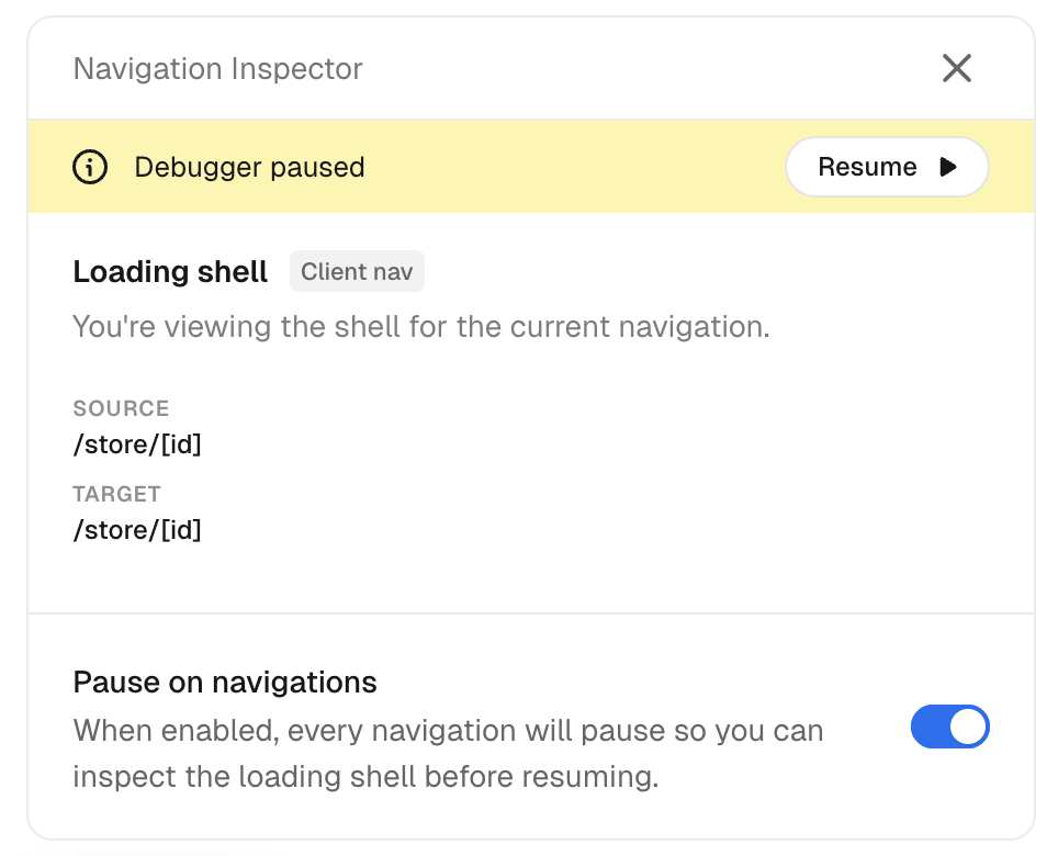 형제 라우트 client navigation의 셸을 보여주는 Navigation Inspector