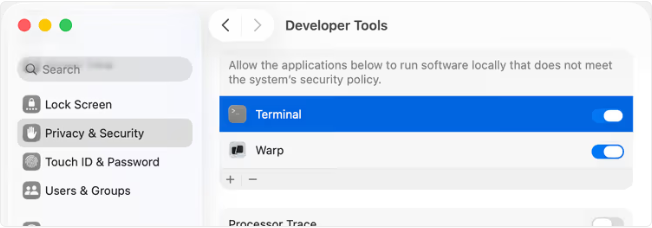 macOS 시스템 설정의 개발자 도구 목록에서 터미널을 허용하는 모습
